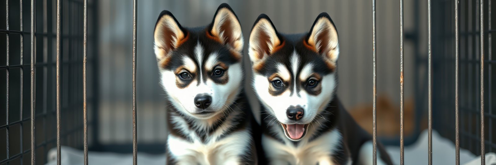 Two playful puppies in a kennel showcasing their adorable personalities during a sunny afternoon